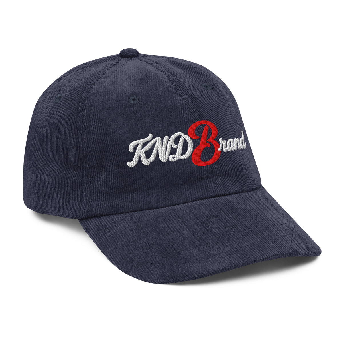 KND Script Corduroy Cap in navy — three-quarter view from the right