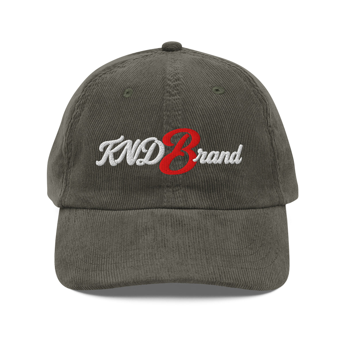 KND Script Corduroy Cap in olive — white KND Brand script with a red B embroidered front, front view