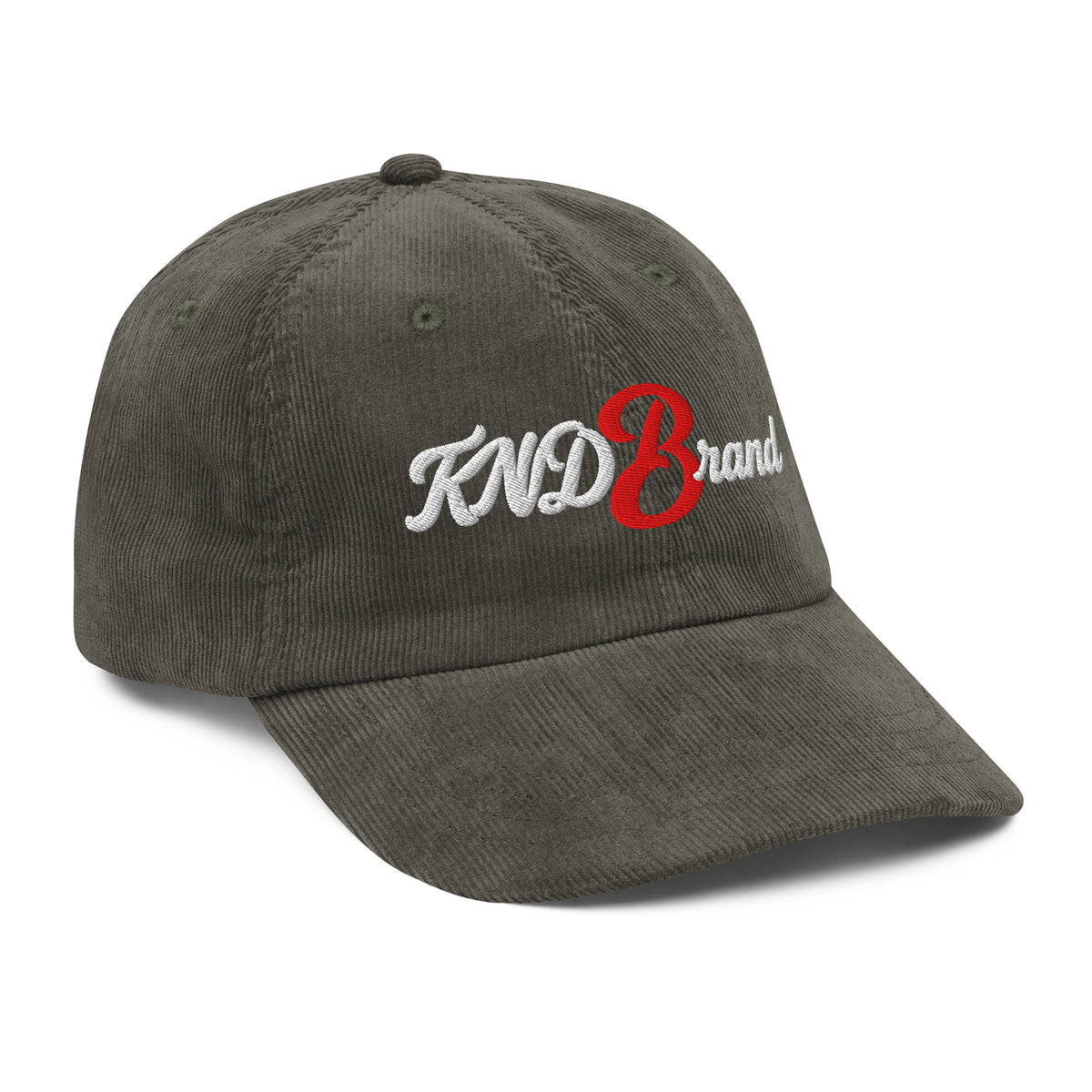 KND Script Corduroy Cap in olive — three-quarter view from the right