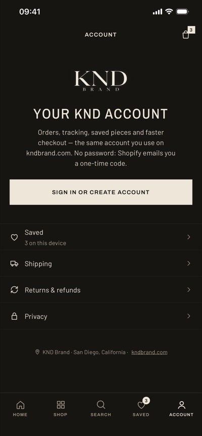 KND app account screen with sign in or create account