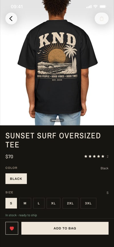 KND app product page showing the Sunset Surf Oversized Tee with colour and size options